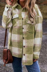 Pocketed Plaid Collared Neck Jackets OutfitFlow